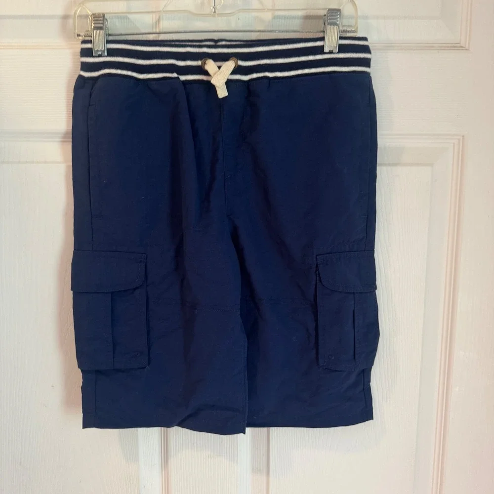 Lands End Adventure Cargo Shorts Boys L 14-16 Navy Blue Striped Waistband NEW